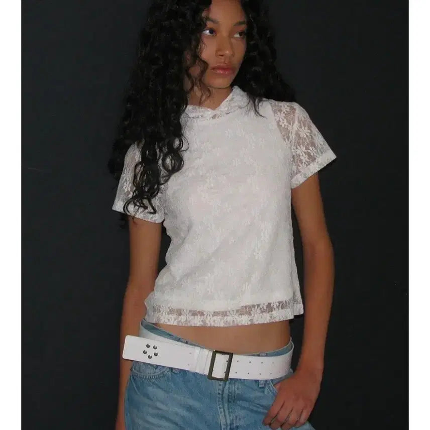 [BUNJANG] Partiento Lace Hooded Short Sleeve T-shirt / 파르티엔토 레이스 후드 반팔 티