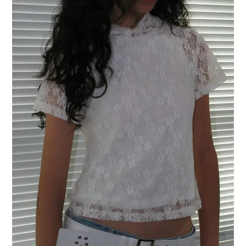 [BUNJANG] Partiento Lace Hooded Short Sleeve T-shirt / 파르티엔토 레이스 후드 반팔 티