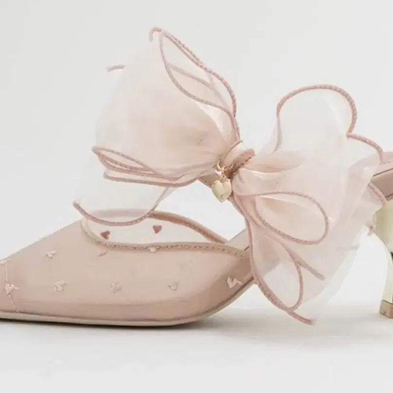 [BUNJANG] Randa Heart Collection Chiffon Ribbon Mules Pumps (Pink) / (5/9일까지 판매)RANDA 란다 쉬폰 리본 하트 뮬 펌프스 (핑크)