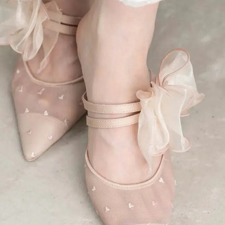 [BUNJANG] Randa Heart Collection Chiffon Ribbon Mules Pumps (Pink) / (5/9일까지 판매)RANDA 란다 쉬폰 리본 하트 뮬 펌프스 (핑크)