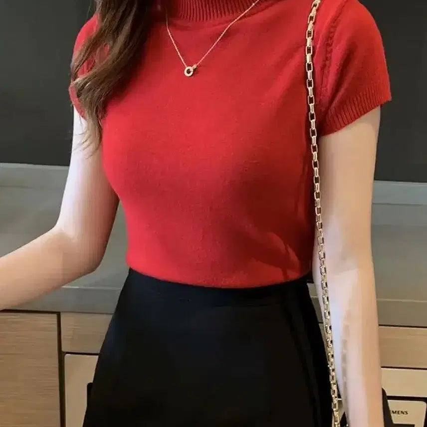 [BUNJANG] Burgundy Mock Neck Short Sleeve Knit Top / 버건디 반목 반팔 니트