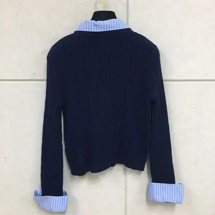 [SOLD OUT] 네이비 꽈배기 니트 가디건 스트라이프 셔츠 레이어드 스타일