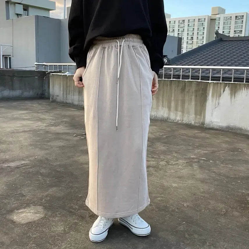 [BUNJANG] Avely Zigzag Spring Cotton Tucked Banding Long Skirt / 새상품) 봄 면 쭈리 핀턱 밴딩 롱 스커트 에이블리 지그재그 등원룩