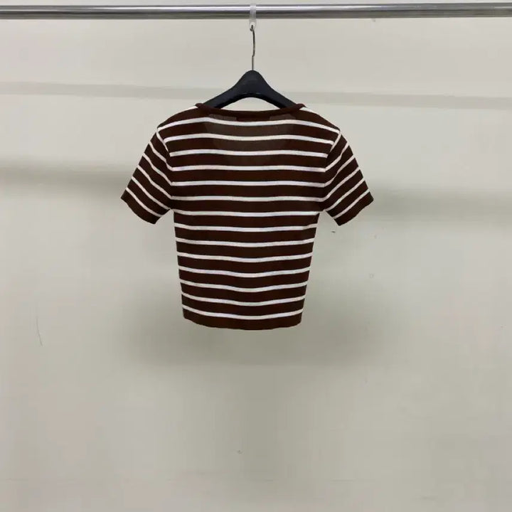 [BUNJANG] MISO Brown Striped Knit Crop Top / [미쏘] 브라운 스트라이프 니트 골지 크롭 반팔티 ( 44추천)