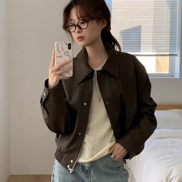 [BUNJANG] Brown Leather Short Jacket / 브라운 레더 숏 가죽자켓