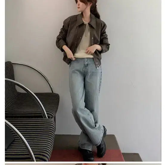 [BUNJANG] Brown Leather Short Jacket / 브라운 레더 숏 가죽자켓