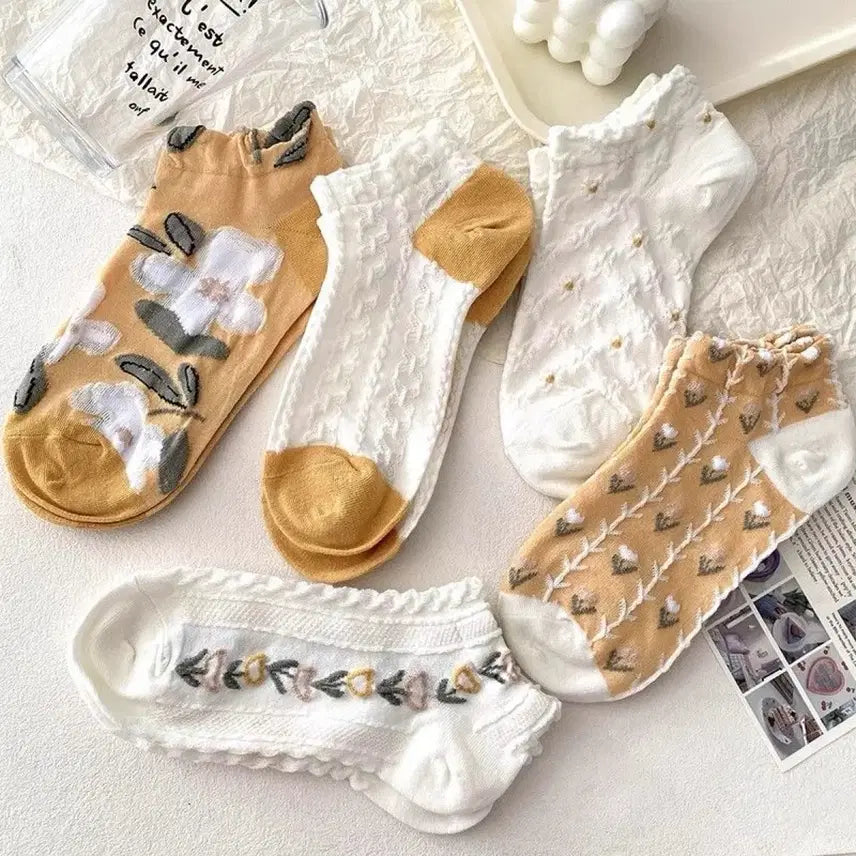 [BUNJANG] Unused Pastel Pattern Ankle Socks (5 Pairs) / 귀여운 패턴 발목 양말 5켤레 미사용