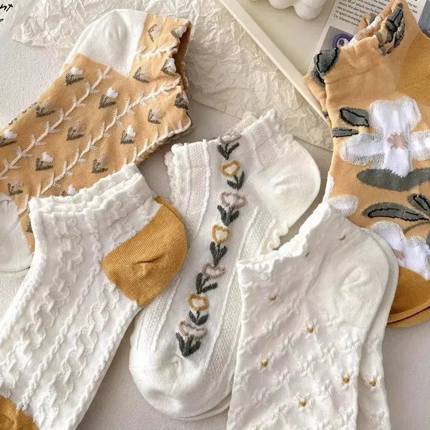 [BUNJANG] Unused Pastel Pattern Ankle Socks (5 Pairs) / 귀여운 패턴 발목 양말 5켤레 미사용