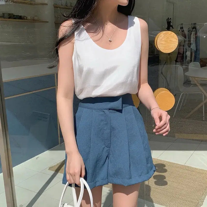 [BUNJANG] A-Line Elastic Waist Shorts Beige / 여름 핀턱 a라인 밴딩 반바지 숏팬츠 3부팬츠 베이지 에이블리 지그재그