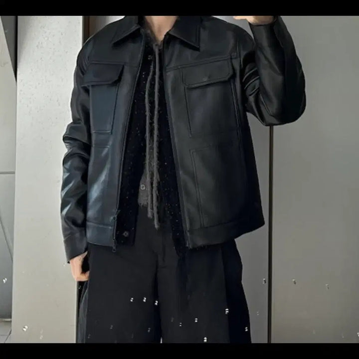 [BUNJANG] Coore Black Faux Leather Trucker Jacket / 쿠어 레더자켓 블랙 s 트러커