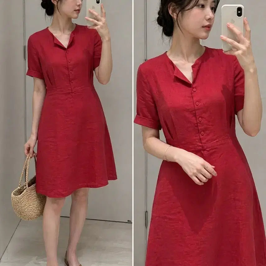 [BUNJANG] Red Linen Blend Short Sleeve Dress / 레드 린넨 반팔 원피스