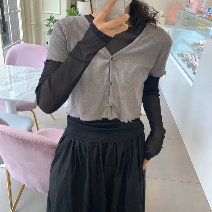 [BUNJANG] Ablie Ivory Cardigan &amp; Black Sheer T-shirt Layered Set / (2set) 반팔 가디건 + 블랙 시스루 티셔츠 레이어드룩 에이블리