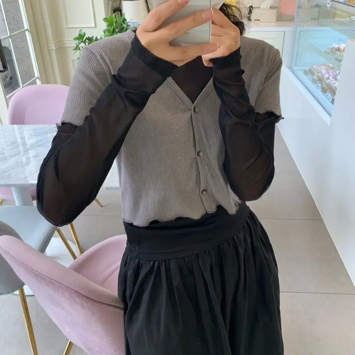 [BUNJANG] Ablie Ivory Cardigan &amp; Black Sheer T-shirt Layered Set / (2set) 반팔 가디건 + 블랙 시스루 티셔츠 레이어드룩 에이블리
