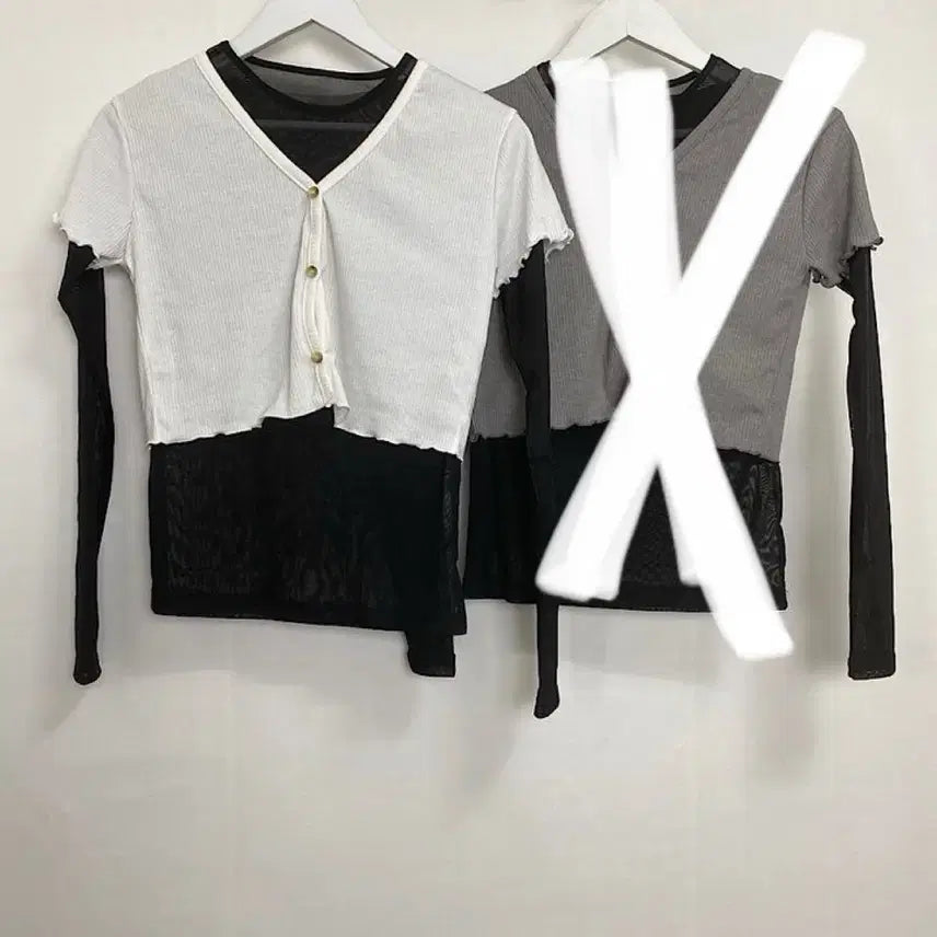 [BUNJANG] Ablie Ivory Cardigan &amp; Black Sheer T-shirt Layered Set / (2set) 반팔 가디건 + 블랙 시스루 티셔츠 레이어드룩 에이블리