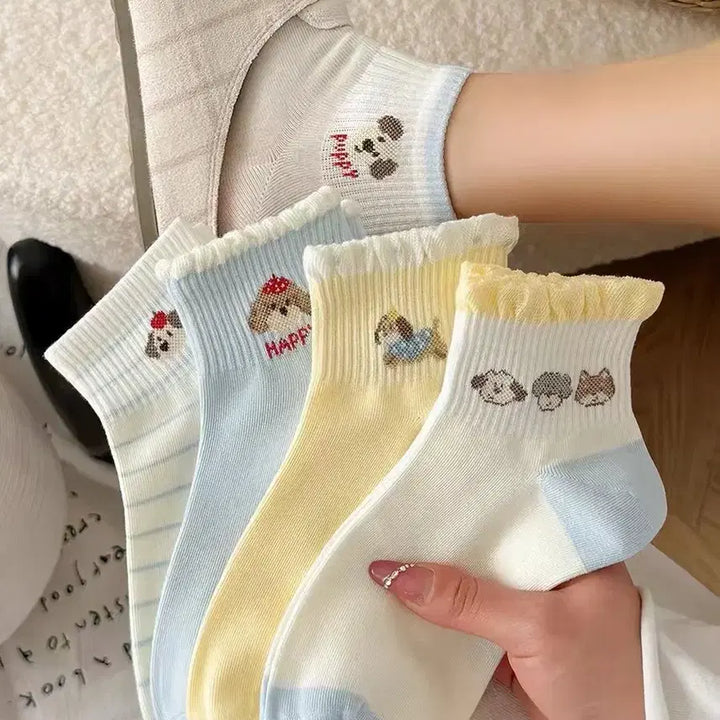 [BUNJANG] Dog Embroidery Ankle Socks (5 Pairs) / 귀여운 강아지 자수 발목 양말 5켤레