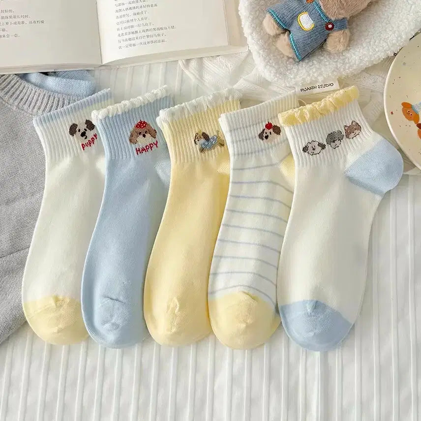 [BUNJANG] Dog Embroidery Ankle Socks (5 Pairs) / 귀여운 강아지 자수 발목 양말 5켤레