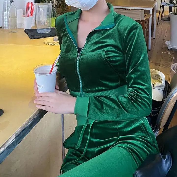 [BUNJANG] Velvet Training Set - Green / 벨벳 트레이닝복 세트 그린