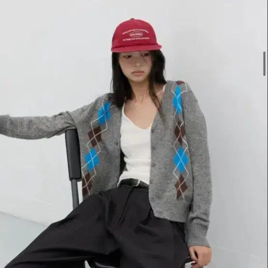 [BUNJANG] Michiko London Argyle Cardigan Melange Gray / 미치코런던 아가일 가디건 멜란지 그레이