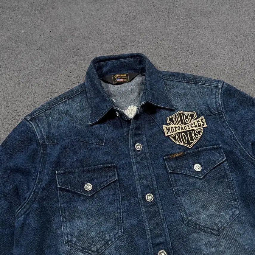 [BUNJANG] Vanson Leathers Camo Pattern Eagle Embroidered Denim Jacket / Vanson Leathers 밴슨 레더 카모 패턴 이글 자수 데님 자켓