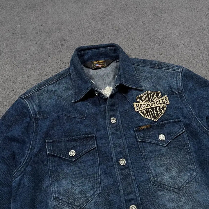 [BUNJANG] Vanson Leathers Camo Pattern Eagle Embroidered Denim Jacket / Vanson Leathers 밴슨 레더 카모 패턴 이글 자수 데님 자켓