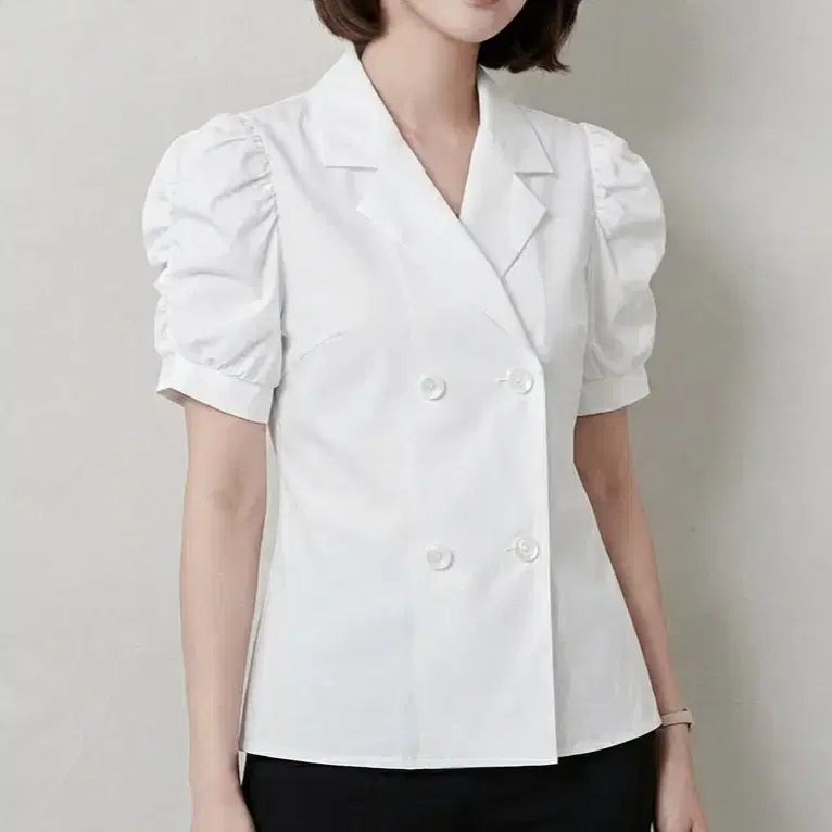 [BUNJANG] White Puff Sleeve Double-Button Blouse Jacket / 새상품 화이트 퍼프 반팔 블라우스자켓
