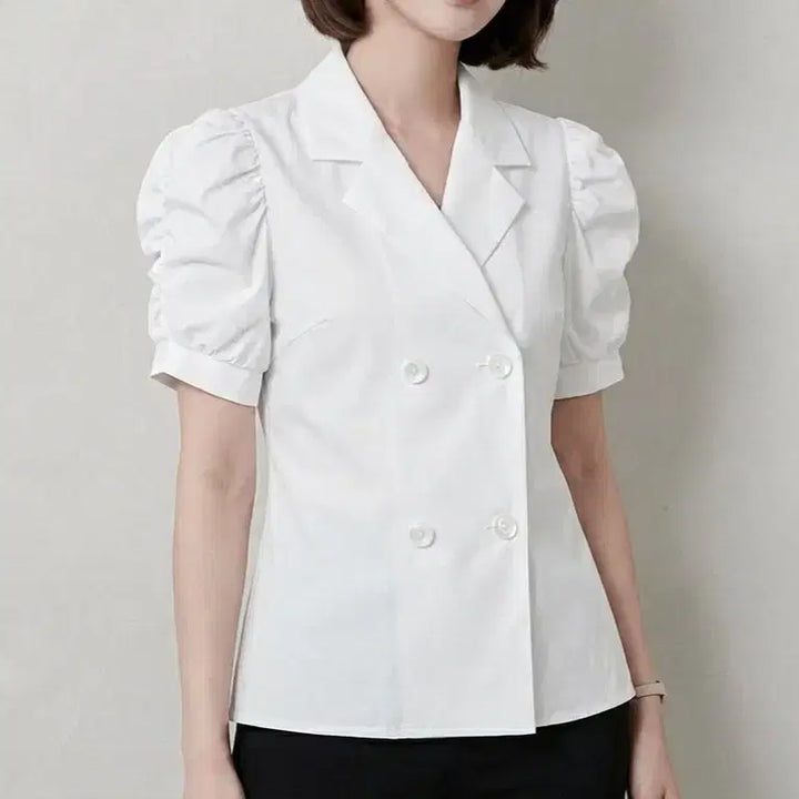 [BUNJANG] White Puff Sleeve Double-Button Blouse Jacket / 새상품 화이트 퍼프 반팔 블라우스자켓