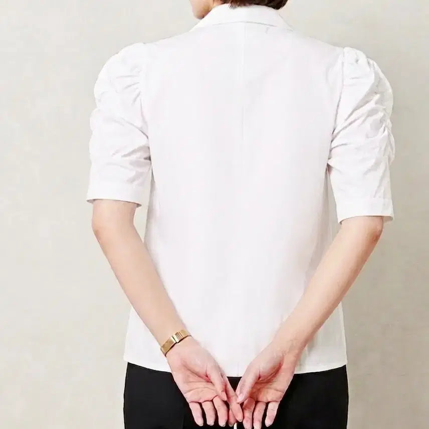 [BUNJANG] White Puff Sleeve Double-Button Blouse Jacket / 새상품 화이트 퍼프 반팔 블라우스자켓