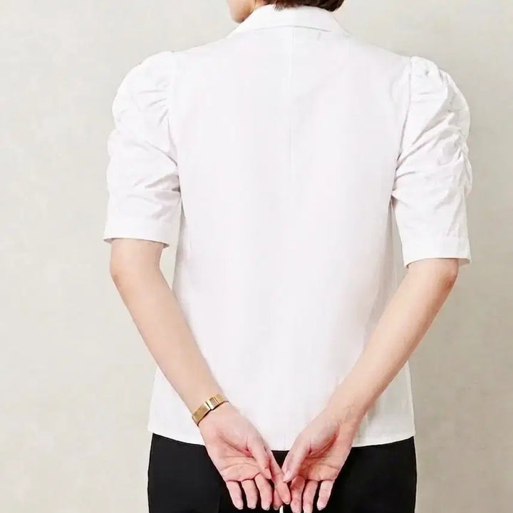 [BUNJANG] White Puff Sleeve Double-Button Blouse Jacket / 새상품 화이트 퍼프 반팔 블라우스자켓