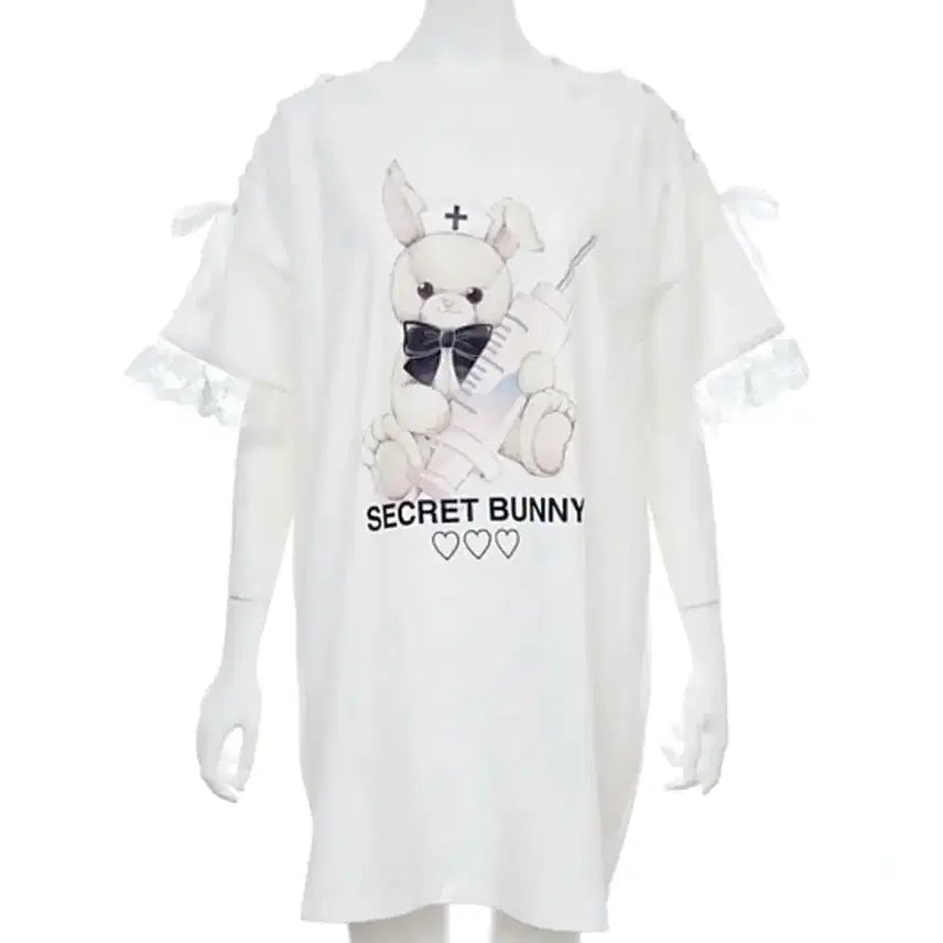 [BUNJANG] Secret Honey Lace-up Rabbit Print T-Shirt / 시크릿 허니 레이스업 토끼 프린팅 티셔츠