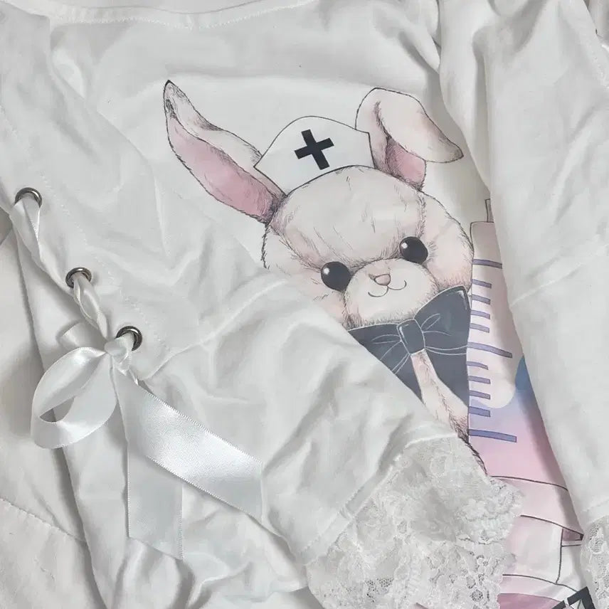 [BUNJANG] Secret Honey Lace-up Rabbit Print T-Shirt / 시크릿 허니 레이스업 토끼 프린팅 티셔츠