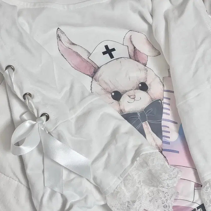 [BUNJANG] Secret Honey Lace-up Rabbit Print T-Shirt / 시크릿 허니 레이스업 토끼 프린팅 티셔츠