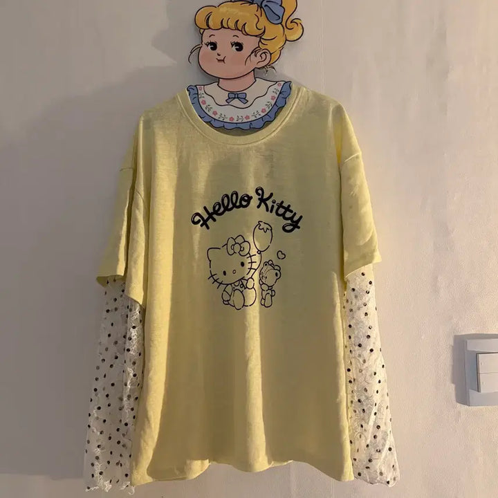 [BUNJANG] Kitty Lace Long Sleeve Two-Piece Set Vintage / 키티 레이스 긴팔티 투피스 빈티지