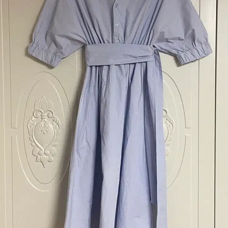 [BUNJANG] Sky Blue Long Dress with Waist Tie / 하늘색 롱 원피스
