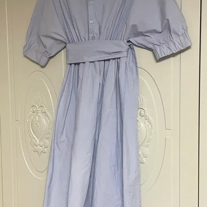 [BUNJANG] Sky Blue Long Dress with Waist Tie / 하늘색 롱 원피스