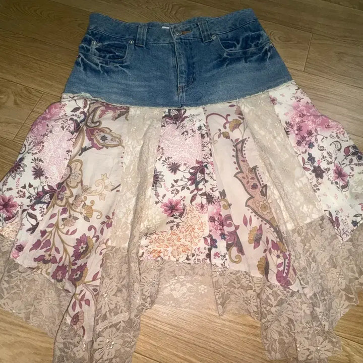 [BUNJANG] Vintage Mori Girl Blue Denim Lace Skirt / 빈티지 모리걸 청 데님 레이스 치마