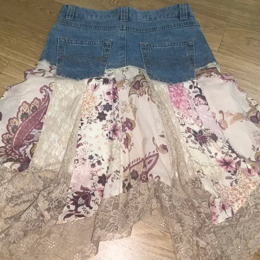 [BUNJANG] Vintage Mori Girl Blue Denim Lace Skirt / 빈티지 모리걸 청 데님 레이스 치마