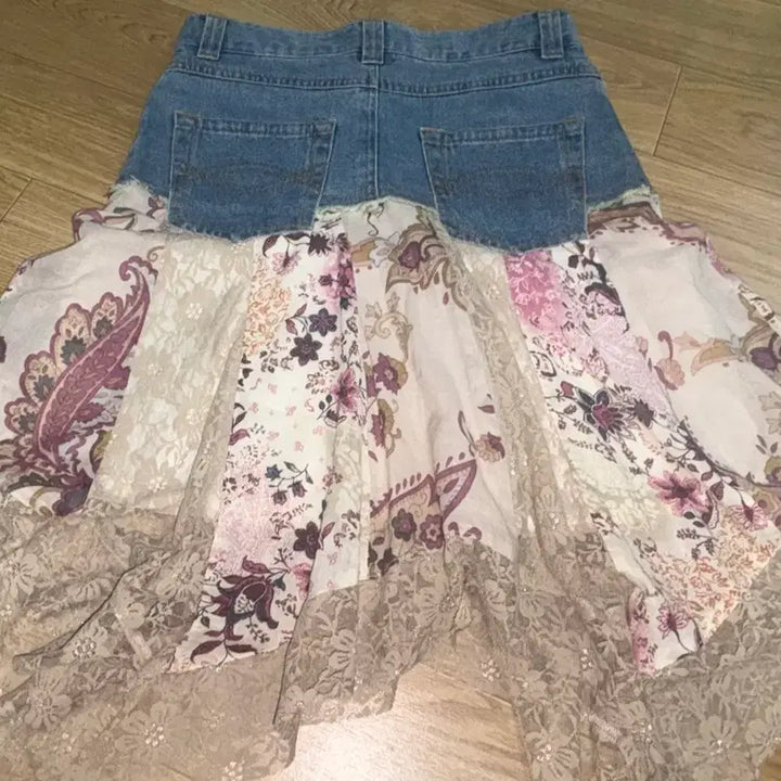 [BUNJANG] Vintage Mori Girl Blue Denim Lace Skirt / 빈티지 모리걸 청 데님 레이스 치마