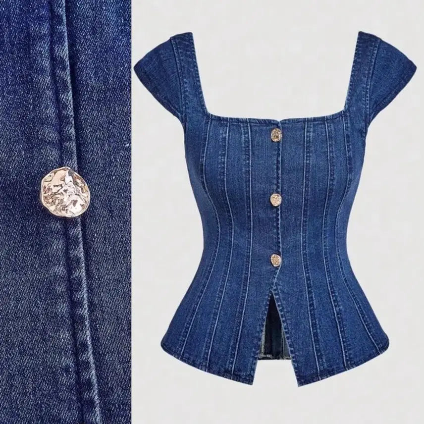 [BUNJANG] Denim Corset Top with Cap Sleeves / 데님 상의 탑