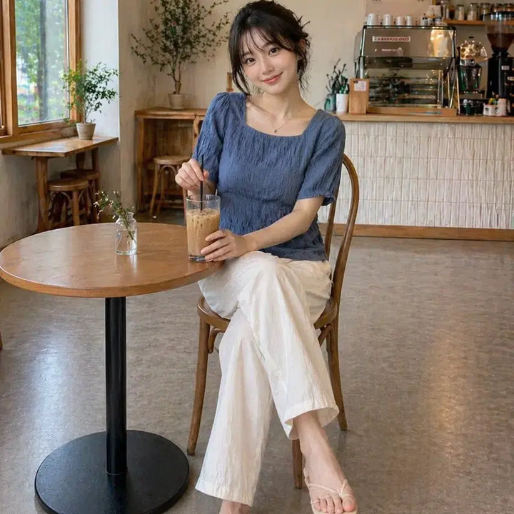 [BUNJANG] 66Girls Smocked Ruffle Blouse - Sky Blue / 육육걸즈 스모크 반팔 셔링 블라우스 소라색 FREE 판매합니다.