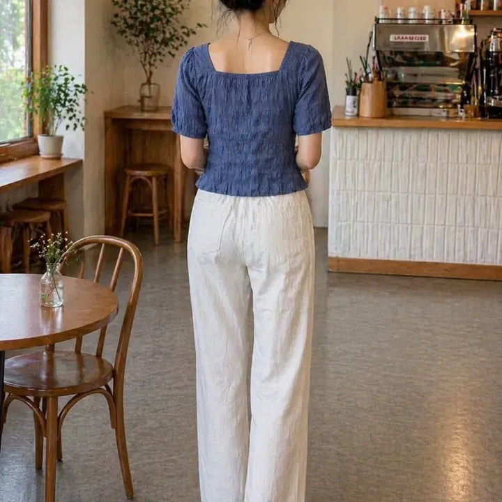 [BUNJANG] 66Girls Smocked Ruffle Blouse - Sky Blue / 육육걸즈 스모크 반팔 셔링 블라우스 소라색 FREE 판매합니다.