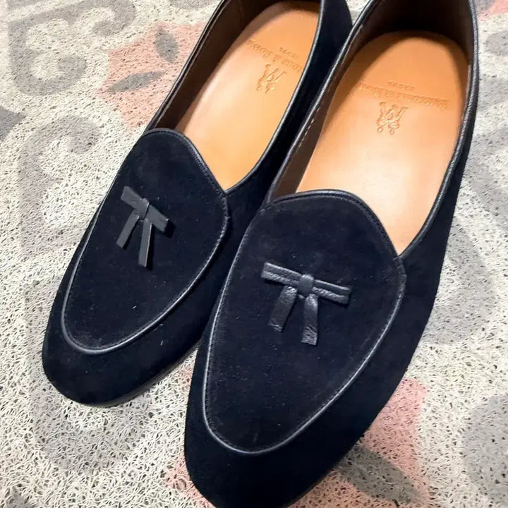[BUNJANG] Buttons and Bows Black Suede Handmade Loafers / 버튼즈 앤 보우즈 블랙 스웨이드 수제 로퍼 255-260 와이드