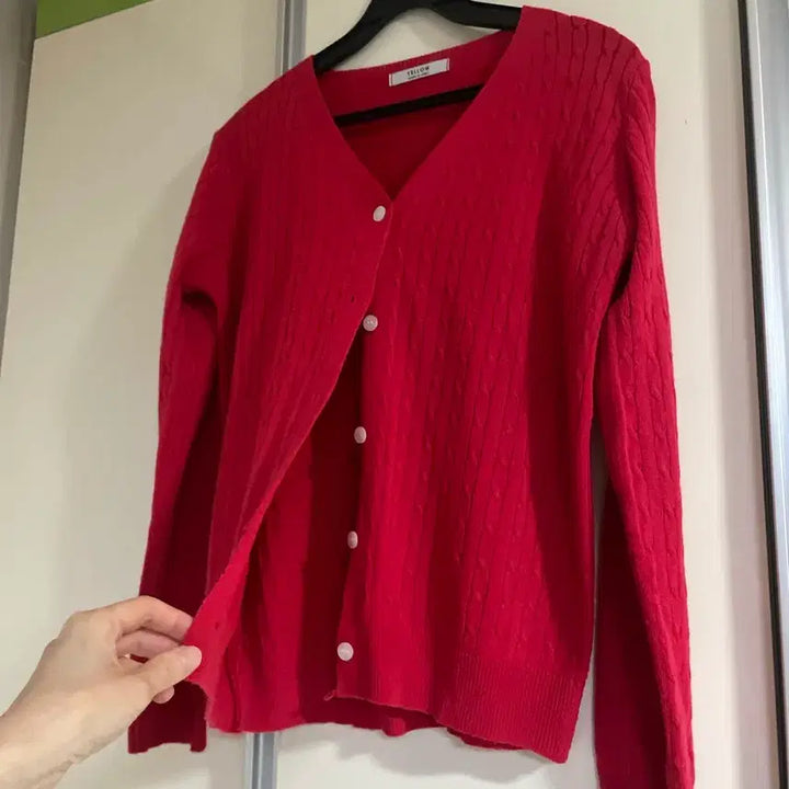 [BUNJANG] Red Cable Knit Cardigan / 레드  케이블 니트 가디건
