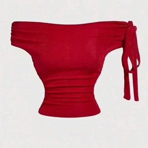 [BUNJANG] Off-Shoulder Red Short-Sleeved Top / 오프숄더 레드 반팔
