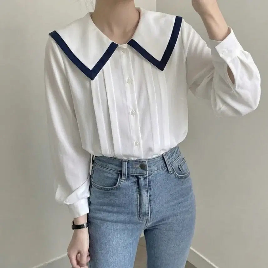 [BUNJANG] White Navy Collar Blouse / 화이트네이비 카라 블라우스