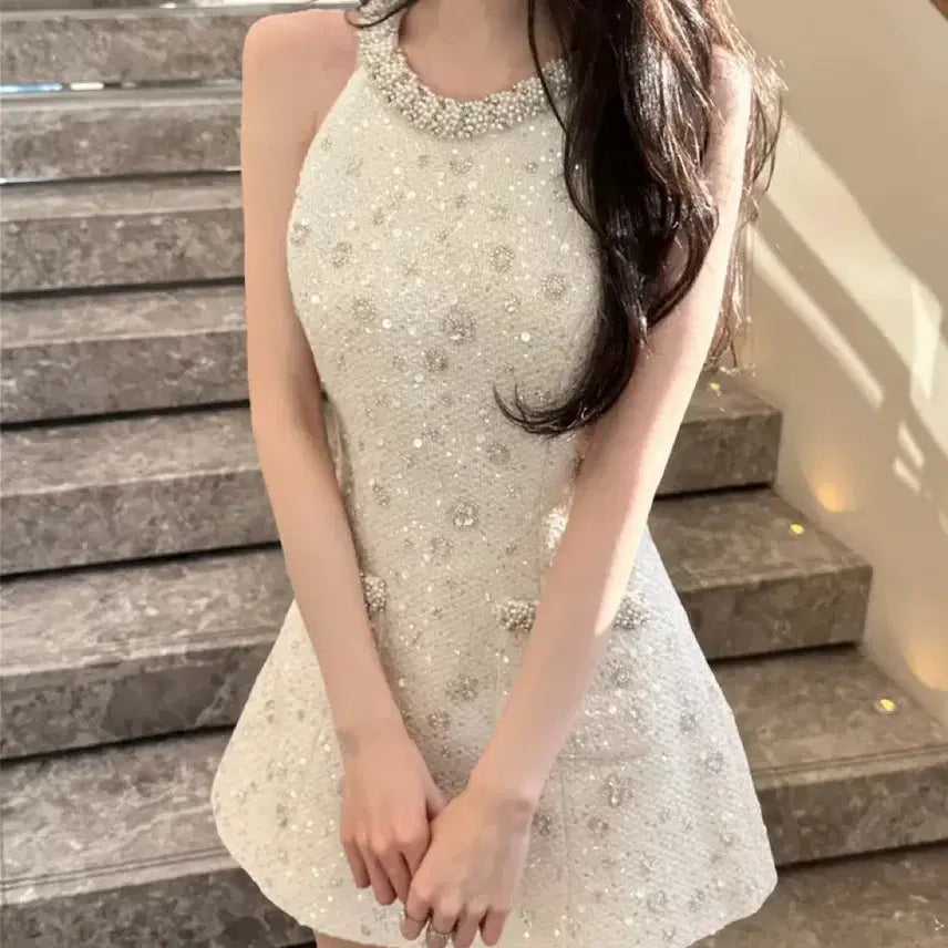 [BUNJANG] Belle Cubic Halter Flare Tweed Dress / 벨르 큐빅 홀터 플레어 트위드 원피스