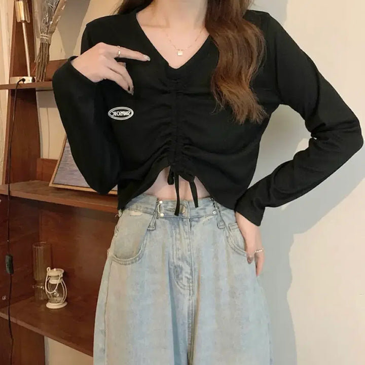 [BUNJANG] Black Shirred Crop Long Sleeve T-shirt / 블랙 셔링 크롭 긴팔티셔츠