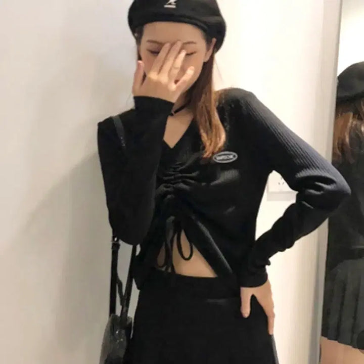 [BUNJANG] Black Shirred Crop Long Sleeve T-shirt / 블랙 셔링 크롭 긴팔티셔츠