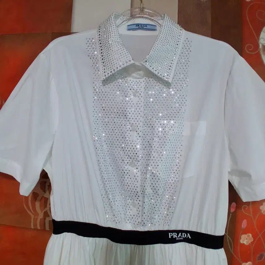 [BUNJANG] White Cubic Shirt Long Dress / 화이트 큐빅 셔츠 롱 원피스