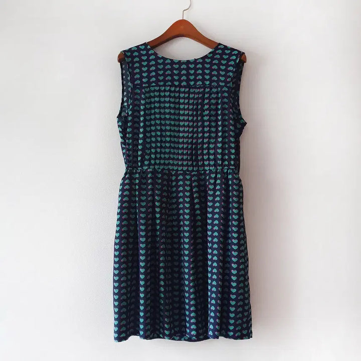 [BUNJANG] Heart Pattern Silk Blend Dress, Size 2 / 네이비 하트 패턴 실크 혼방 원피스 2사이즈