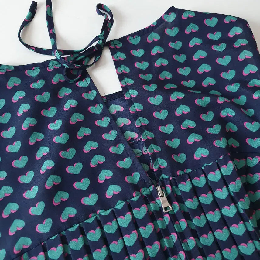 [BUNJANG] Heart Pattern Silk Blend Dress, Size 2 / 네이비 하트 패턴 실크 혼방 원피스 2사이즈